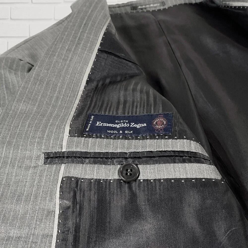 Bagliani Zegna Wool Silk Mens Suit Jacket 42 L Gray Pinstripe Sport Coat Saks